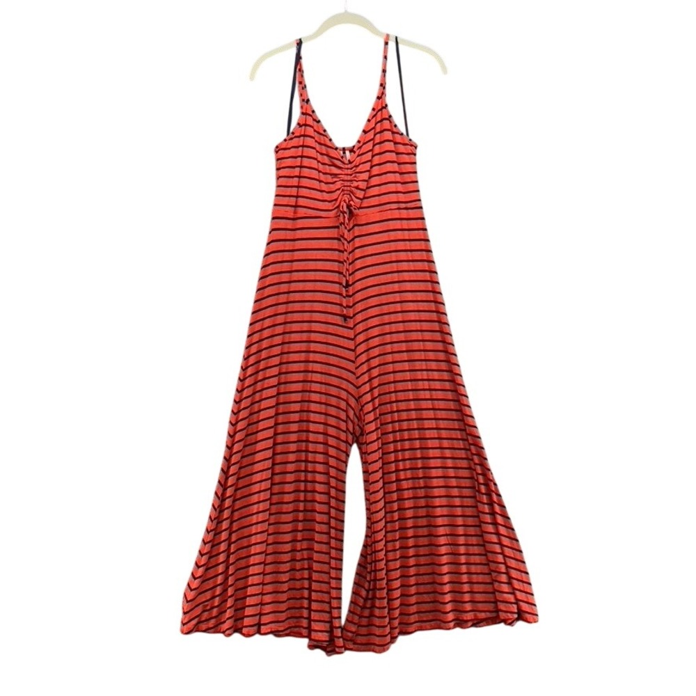 Anthropologie Jumpsuit Womens Small Orange Striped Ruched Wide Leg Sleeveless